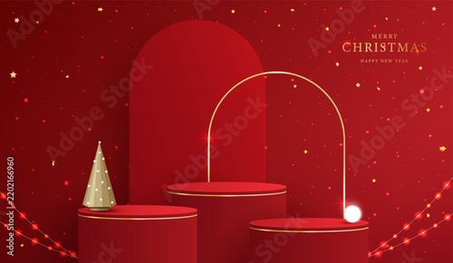 Merry Christmas and Happy New Year festive red 3D podium mockup for product display. Red arch backdrop, golden arch frame, cone pine tree, glowing string lights, stars vector illustration design.