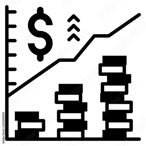 Stocks Growth Up with Dollar Symbol, Solid Icon