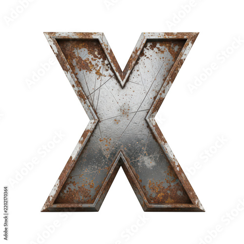 Rusty metal letter x with industrial texture isolated on transparent background