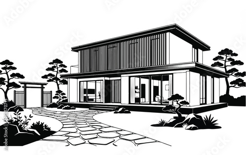 Modern Japanese Style Two Story House Illustration.
