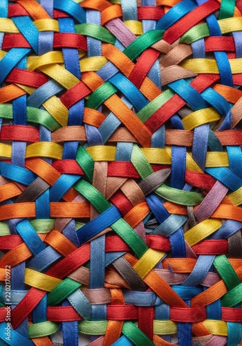 A close-up shot showcases a vibrant woven textile. The textile is composed of numerous, tightly interwoven ribbons in a rainbow of colors – red, orange, yellow, green, blue, and purple.