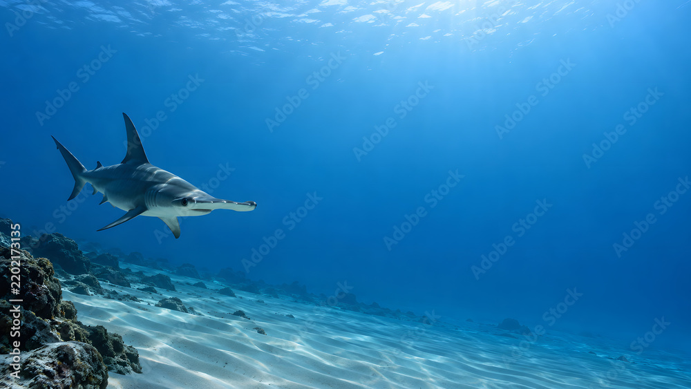 Obraz premium Hammerhead shark glides gracefully through clear blue ocean, showcasing its unique shape and elegance in underwater world
