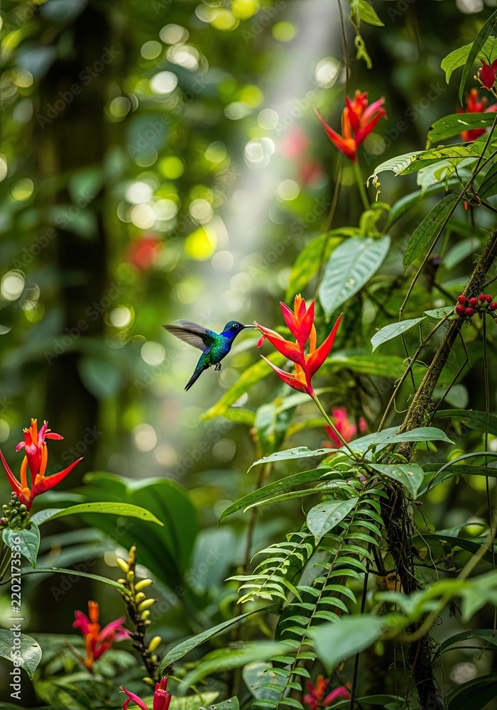 Fototapeta premium A vibrant hummingbird hovers near a bright red heliconia flower in a lush tropical forest.