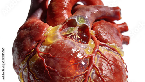 Anatomically detailed human heart with symbolic green leaves and roots growing from its chambers, illustrating health, regeneration, or cardiovascular wellness concept