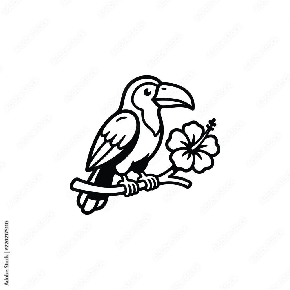 Fototapeta premium Stylized Toucan Bird Perched on Branch with Tropical Flower.