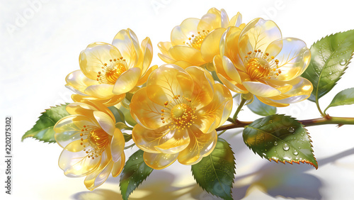 Glossy golden yellow roses with dewdrops on green leaves against white background