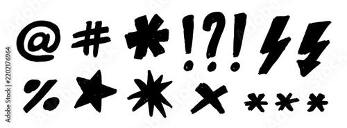 Hand drawn signs and symbols set. Sketched punctuation marks and math signs collection. Black rough charcoal question mark, exclamation point, stars and asterisks for swear or rude censorship. Vector