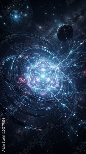 Abstract futuristic cosmic network with glowing geometric structure and planets in space