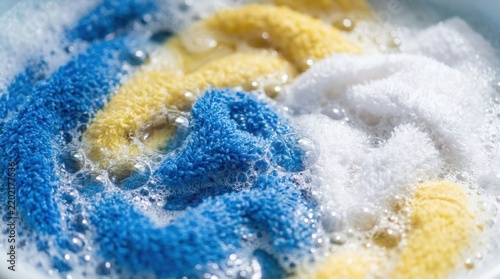 Colorful towels soaking in soapy water with bubbles