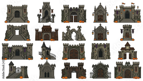 Medieval stone castle gates and fortress towers set gothic cathedral arch doors fortified palace bastions stronghold architecture elements game asset vector collection isolated on white background