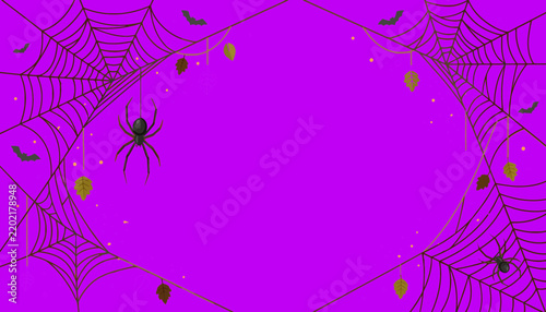 Halloween background border with hanging spider on web flying bats on purple backdrop spooky night celebration party invitation flyer poster card banner copy space frame vector illustration