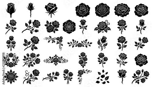 Black rose silhouettes set gothic floral flower icons tattoo stencils botanical blossom bud leaf stems silhouette collection decorative elements vector illustration isolated on white background