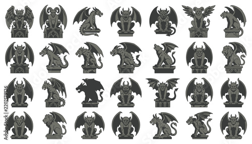 Gothic gargoyle silhouettes set stone monster statue icons winged demon creature mythical fantasy beast medieval architecture element vector graphic collection isolated on white background