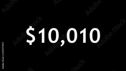 Abstract beautiful dollar number countdown animation from 0 to 14000 on black background. Business dollar countdown timer 4k animation.