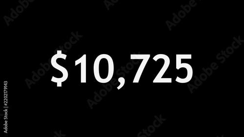 Abstract beautiful dollar number countdown animation from 0 to 15000 on black background. Business dollar countdown timer 4k animation.