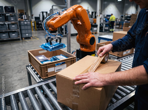 Indoor medium shot of a warehouse worker sealing a cardboard shipping box with packing tape alongside an orange collaborative robotic arm picking packages on a roller conveyor system in an automated.