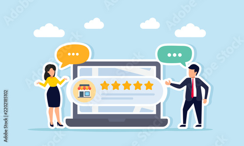 Businessman And Businesswoman Discussing Near Five Star Rating Shop Sign Illustration Of Discussion To Improve Business Rating