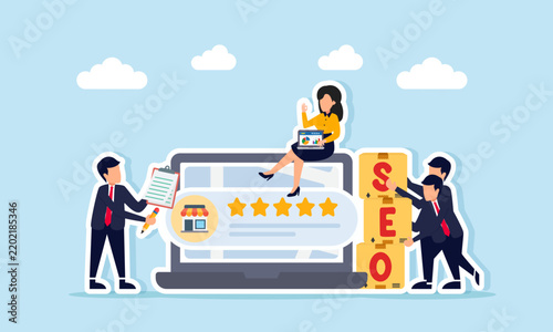 Businessman Auditing SEO Process With Team Building Boxes And Businesswoman Sitting On Laptop Near Five Star Rating Shop Sign Illustration Of SEO Implementation To Improve Business Rating