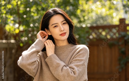 Woman in Cozy Sweater Outdoors, Half-Body Natural Light Relaxed Mood