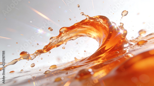 Golden liquid splash in slow motion with light flares and droplets against white background
