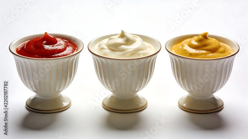 Three ceramic bowls of ketchup, mayonnaise, and mustard arranged in a row on a white surface