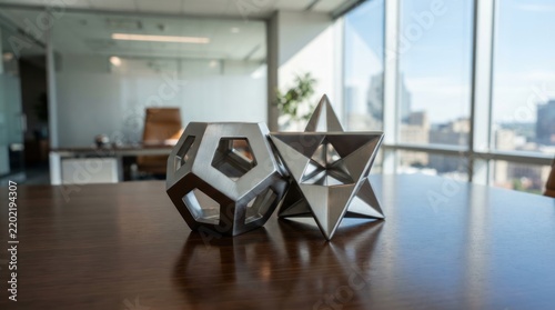 Metallic Geometric Shapes Placed on a Conference Room Table.