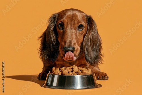 Dachshund dog licking nose over bowl of dry food on orange background