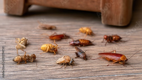 Close-Up View of Various Cockroaches on a Wooden Surface with Natural Lighting for Insect Study or Pest Control Application