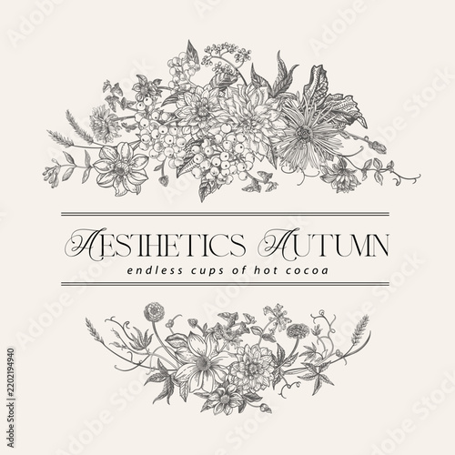 Round arrangement featuring garden  autumn flowers. Composition with asters, chrysanthemums, dahlias, honeysuckle berries and ears of corn. Black and white.