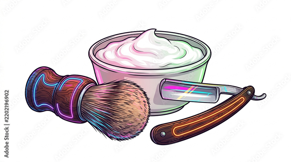 Obraz premium Vintage barber shaving set with straight razor brush and cream bowl isolated on white