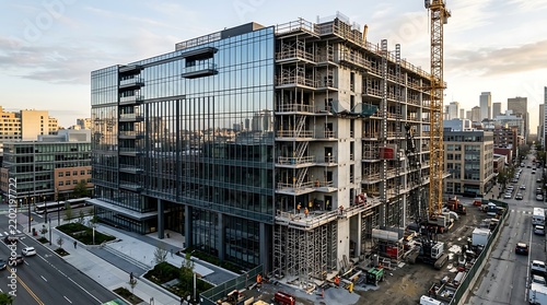 Modern Glass Office Building Under Construction in Urban Cityscape with Exposed Concrete Frame and Construction Crane