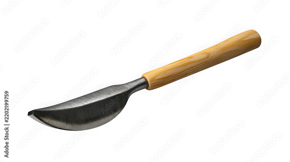 Fototapeta premium Trowel with a wooden handle rests horizontally on a clean transparent surface with studio lighting.