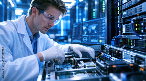 Male server technician working on server motherboard in data center, focused and careful with gloves and safety glasses
