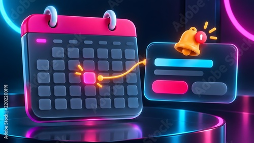 Dark neon calendar connected to a digital notification panel with a ringing bell symbolizing urgent business deadlines and automated scheduling technology
