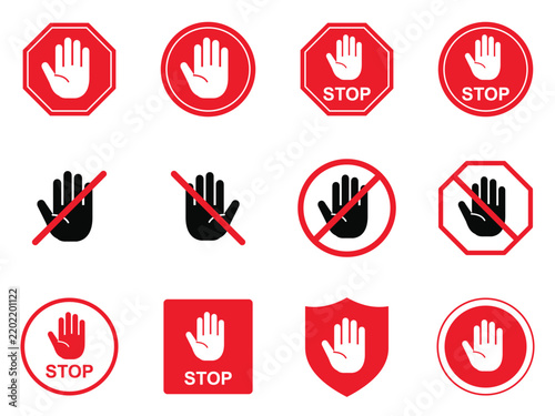 Collection of various stop hand sign icons with red with silhouettes various geometric