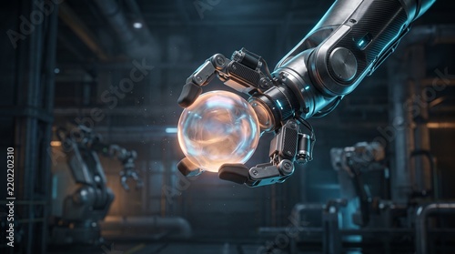 Mechanical robotic arm holding glowing energy sphere inside automated factory representing artificial intelligence manufacturing and high tech innovation