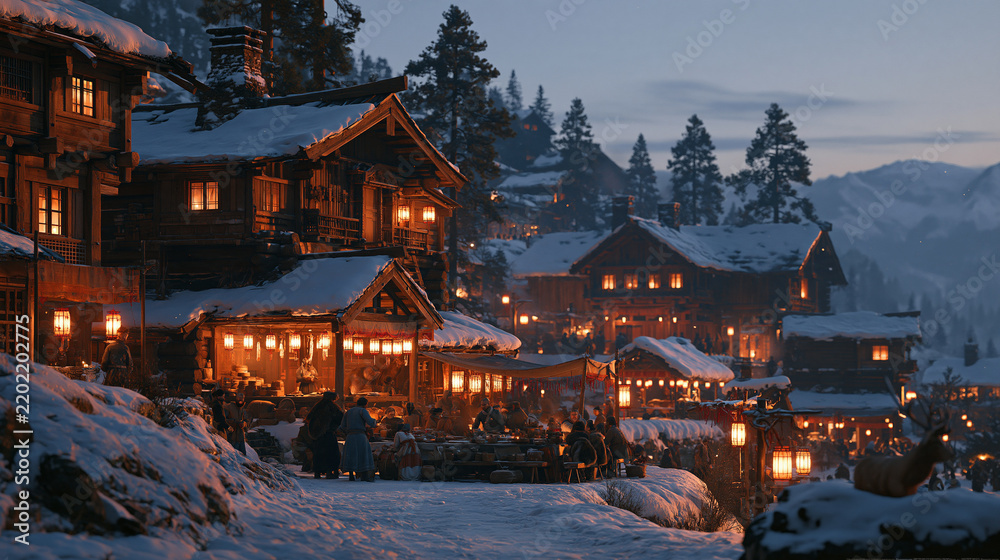 Obraz premium Snowy alpine village at night with warmly lit wooden chalets, pine forest and snow covered mountains, magical Christmas winter holiday scene