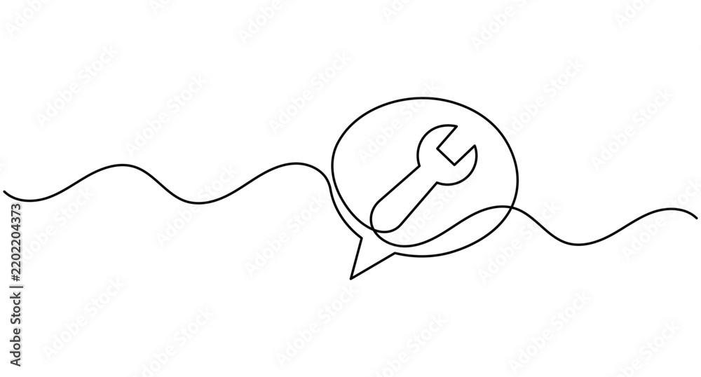Obraz premium Speech bubble with wrench tool continuous one line drawing minimalist communication chat message vector with editable stroke