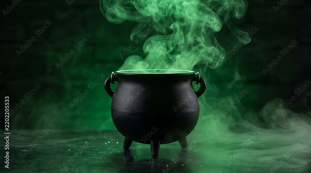 Obraz premium Black cauldron with green smoke rising from it creating a magical mystical atmosphere for Halloween or fantasy settings.