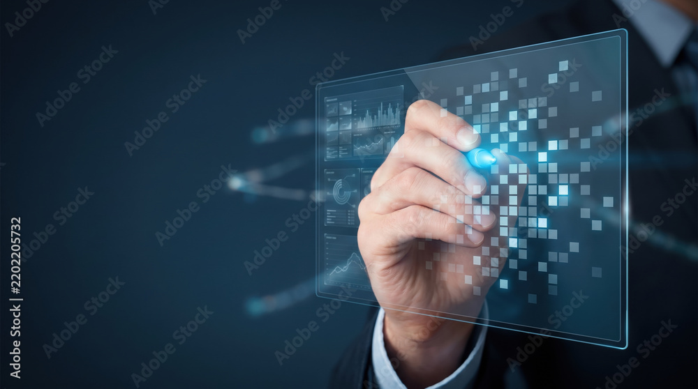 Obraz premium Hand interacting with digital interface, futuristic technology concept with glowing pixel elements and data charts