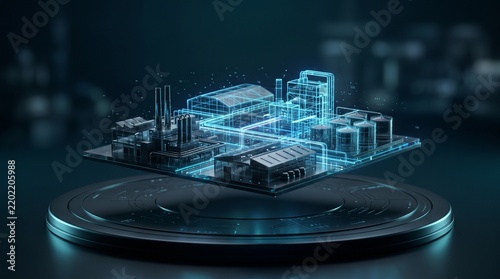 3d holographic industrial factory model floating on podium representing smart manufacturing digital twin and industry 4 automation concept