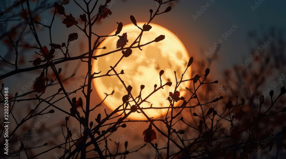 Obraz premium Autumn branch silhouette frames glowing full moon at twilight