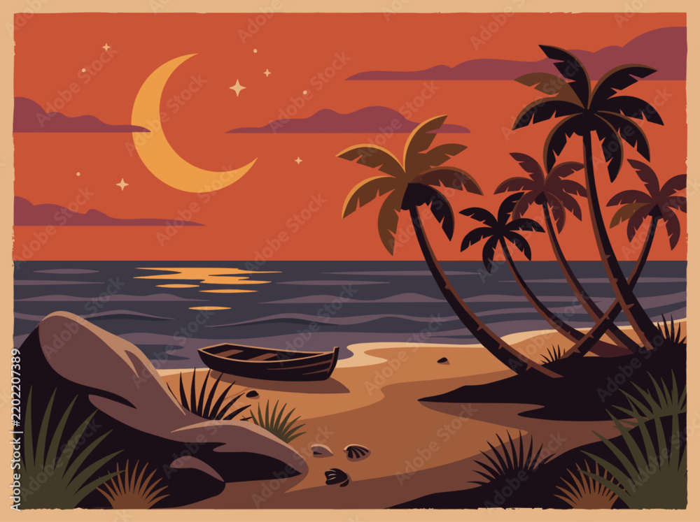 Fototapeta premium Serene Tropical Beach Landscape at Sunset with Crescent Moon and Boat Resting on Sandy Shore