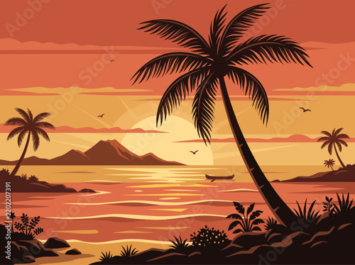 Serene Tropical Island Sunset Landscape Featuring Silhouetted Palm Trees Along a Calm Ocean Shoreline During a Golden Hour Horizon View