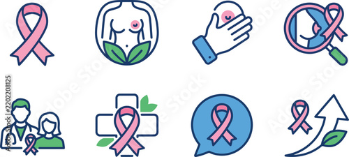 Breast Cancer Icon Set Ribbon Hand Doctor Support Symbol Colored Design