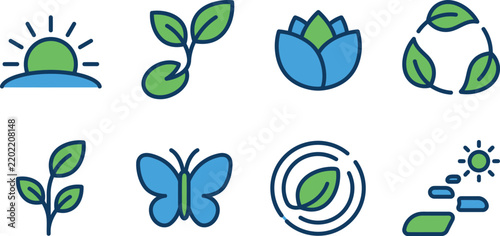 Eco Nature Icon Set Sprout Leaf Butterfly Recycle Symbol Colored Design