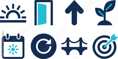 Sustainable Growth Icon Set Sun Door Arrow Target Symbol Black Design