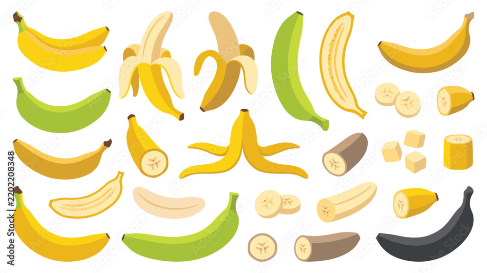 Fototapeta premium Fresh bananas collection with peeled fruit slices and healthy snacks.