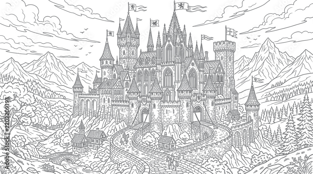 Obraz premium Fantasy Castle Illustration on Mountain Landscape