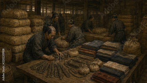 Merchants counting money beside rice bales in a storehouse